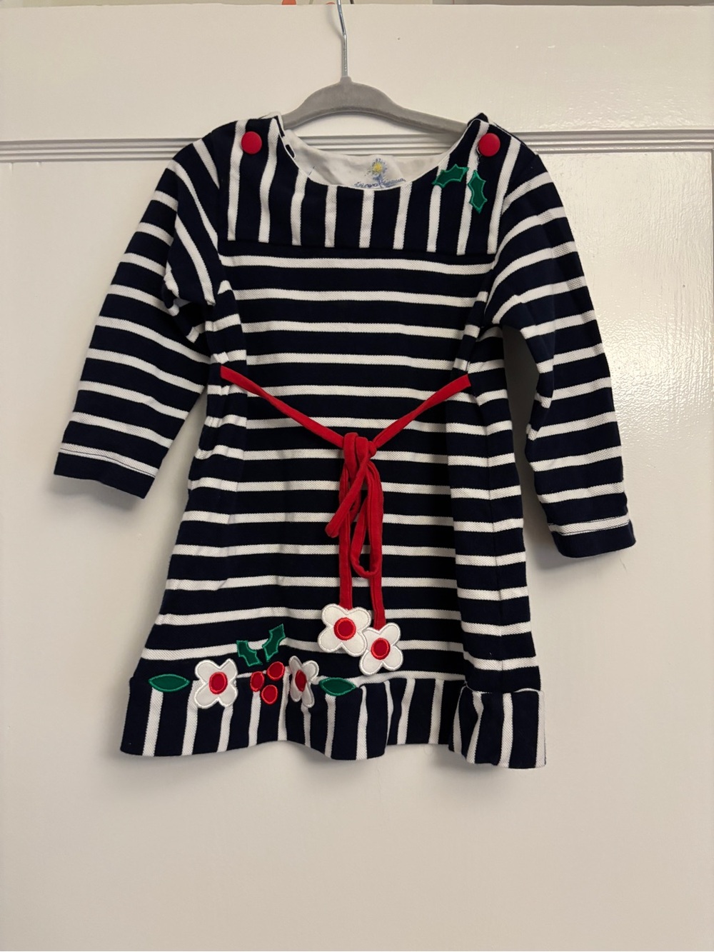 Navy & White Striped Girls Dress with Red Belt